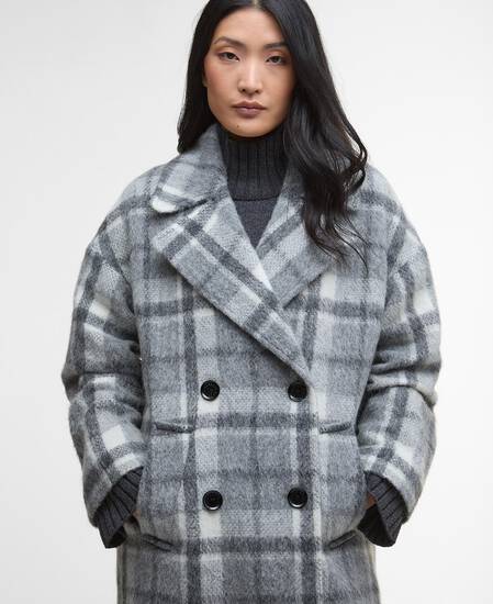 Beattie Double-Breasted Wool Coat Soft Grey Check/Onyx Tartan